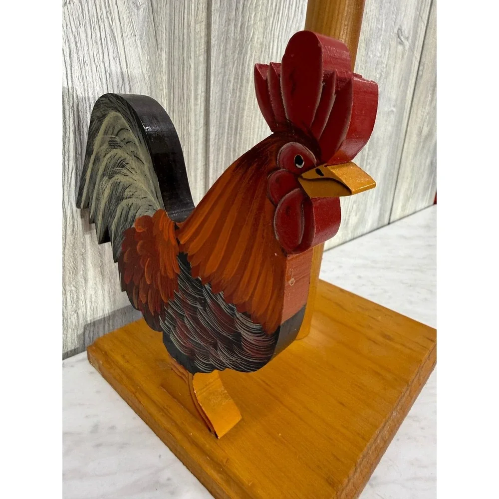 Vintage Wooden Rooster Paper Towel Holder Hand Painted Farmhouse Kitchen Decor